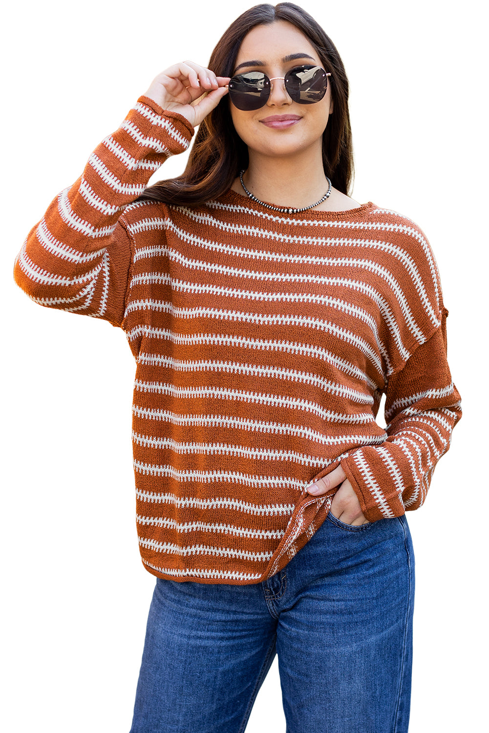 Sky Blue Stripe Drop Shoulder Casual Sweater