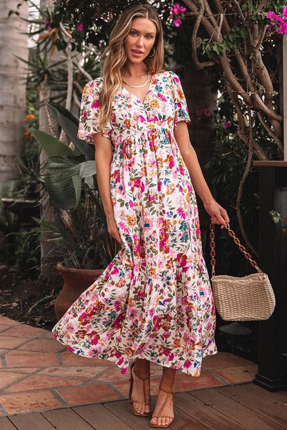 Easter Floral V Neck Short Sleeve Boho Maxi Dress