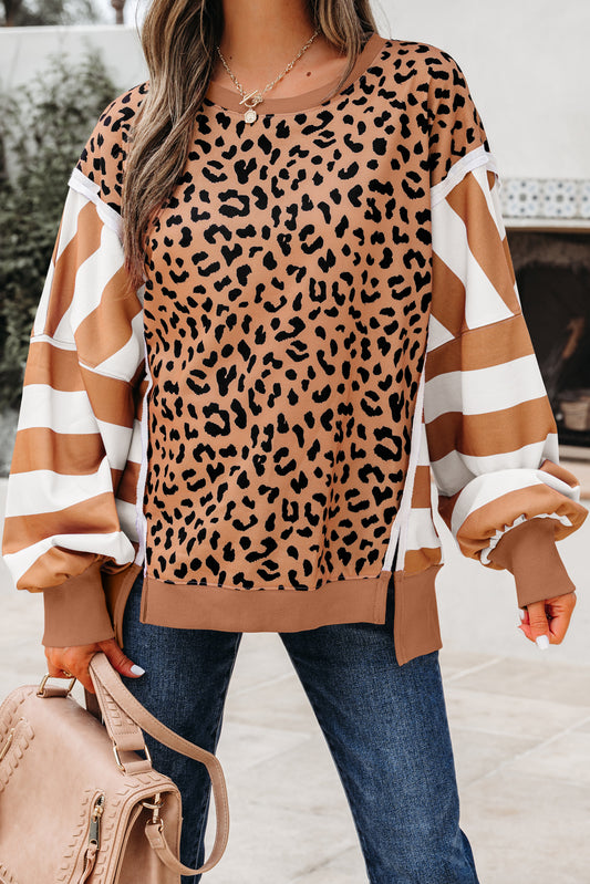 Khaki Stripe Colorblock Leopard Oversized Sweatshirt