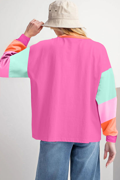 Green Colorblock Patchwork Long Sleeve Loose Top