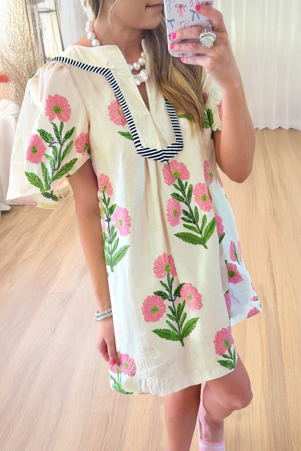 Easter Floral Split Neck Short Sleeve Mini Dress