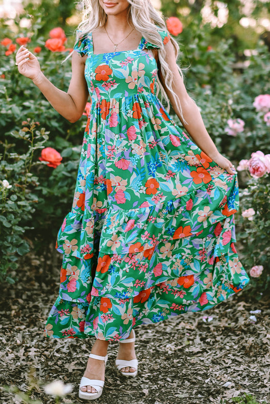 Easter Floral Square Neck Ruffle Strap Maxi Dress