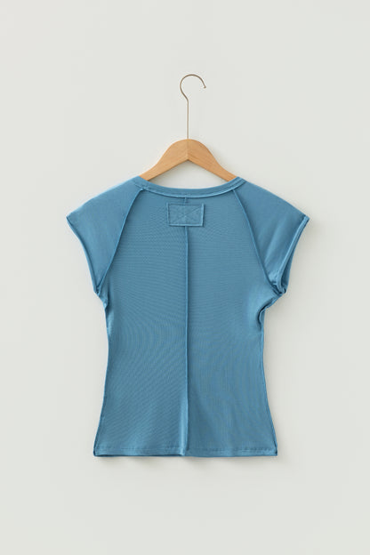 Peacock Blue Ribbed Crew Neck Cap Sleeve Tee
