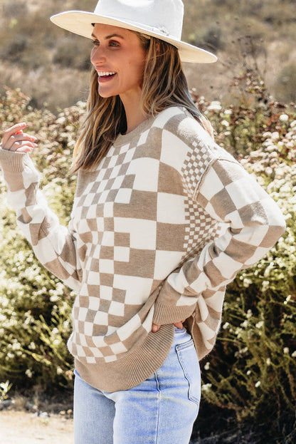 Brown Checkered Print Drop Shoulder Round Neck Sweater