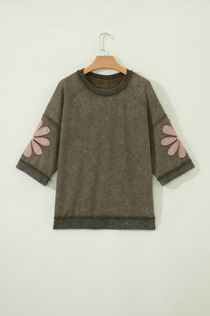 Mineral Wash Floral Patchwork Oversized Raw Seam Top