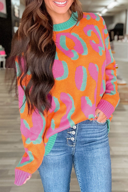 Orange Leopard Colorblock Ribbed Edge Sweater