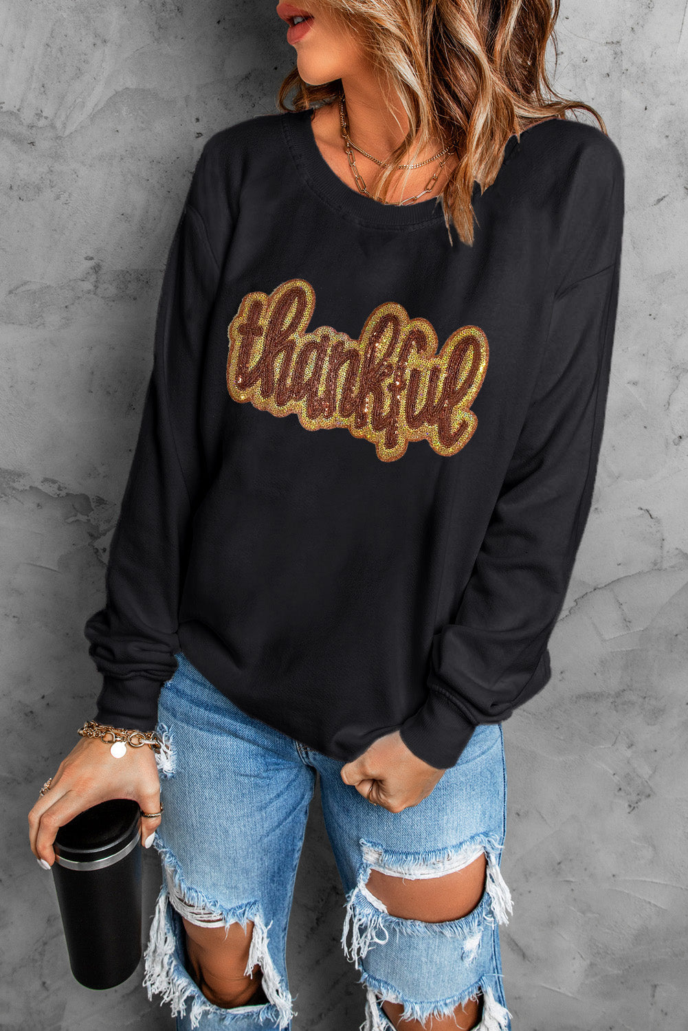 Black Thankful Glitter Graphic Drop Shoulder Sweatshirt