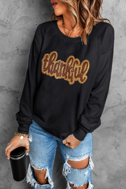Black Thankful Glitter Graphic Drop Shoulder Sweatshirt