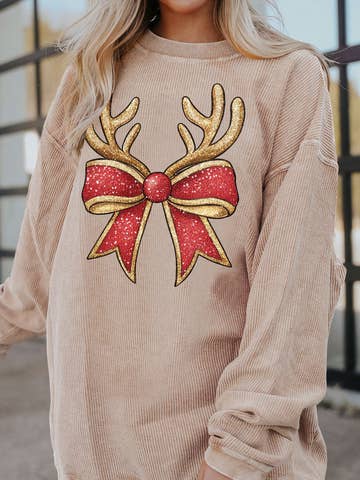 Christmas Antler Bow Graphic Corded Pullover Sweatshirt