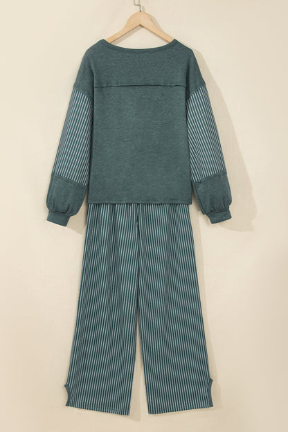 Women’s Stripe 2 Piece Lounge Set Long Sleeve Top Wide Leg Pants