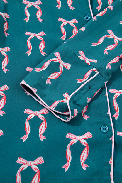 Green Bow Satin Pajama Set for Valentine Long Sleeve/Shorts