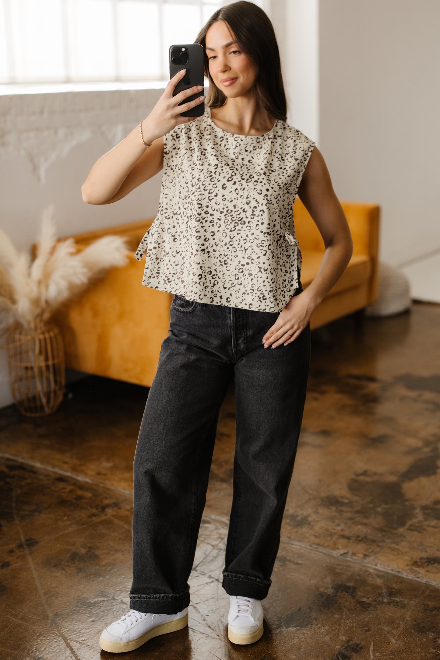 Apricot Leopard Print Side Tie Sleeveless Blouse