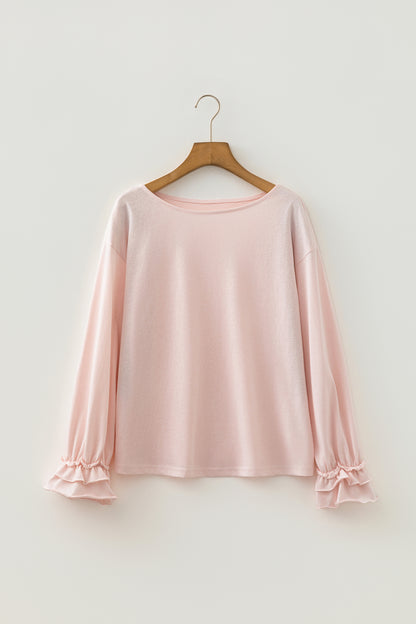 Gossamer Pink Ruffle Sleeve Loose Long Sleeve Blouse Top