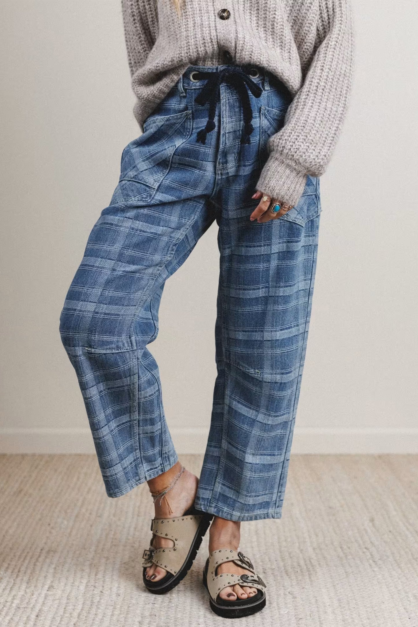 Plaid Denim Drawstring Wide Leg Utility Jeans