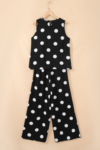 Black Polka Dot Wide Leg Pants and Tank Lounge Set