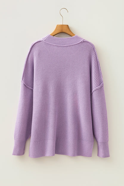 Orchid Purple Mock Neck Ribbed Knit Oversized Sweater Top