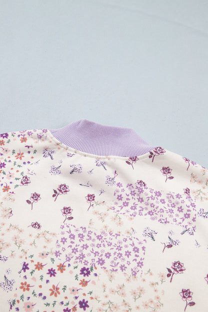 Purple Floral Print High Neck Colorblock Sleeve Paneling Sweatshirt