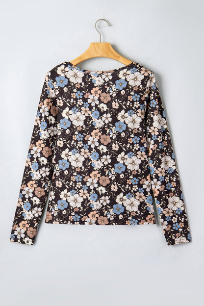 Brown Leopard Print Slim Long Sleeve T Shirt
