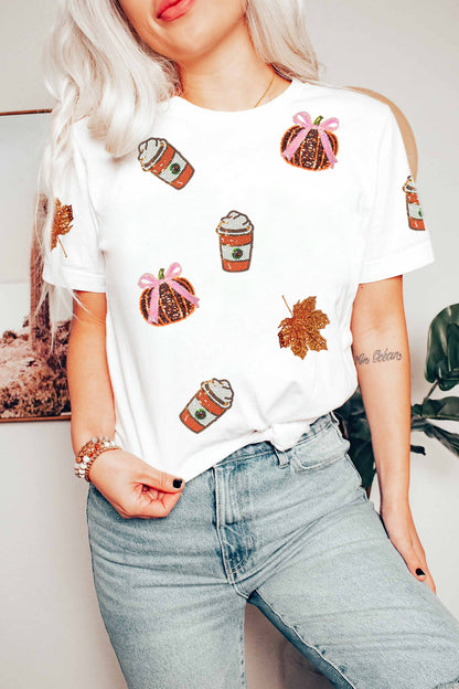 Sequin Pumpkin Coffee Thanksgiving Fall Graphic Tee