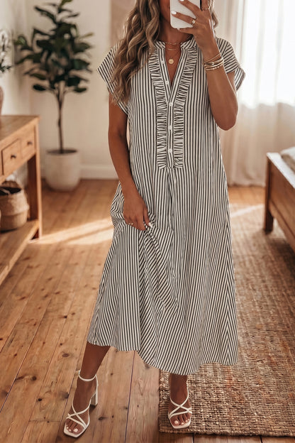 Black Stripe Ruffle Half-Button Short Sleeve Maxi Dress