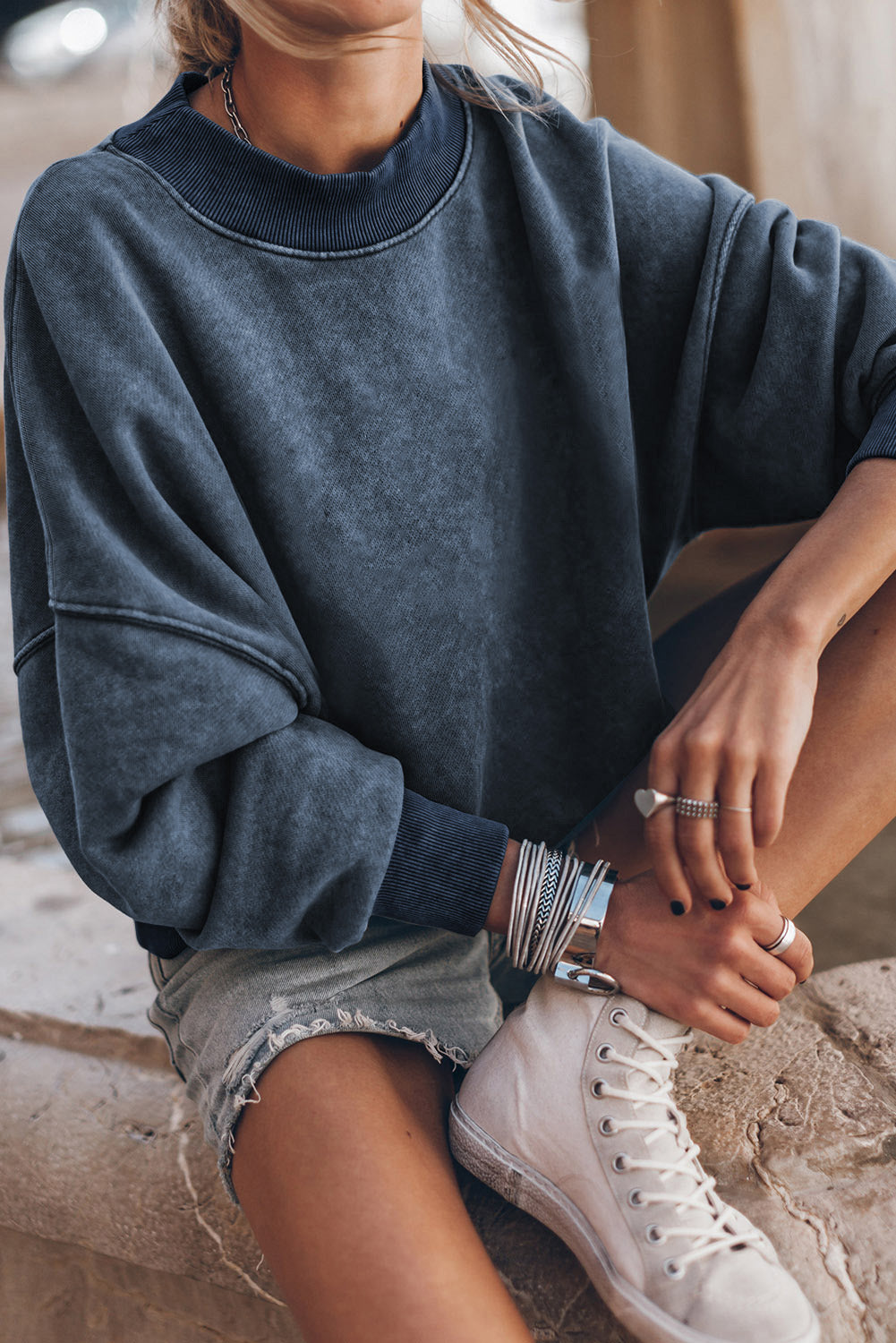Washed Sky Blue Drop Shoulder Crew Neck Sweatshirt