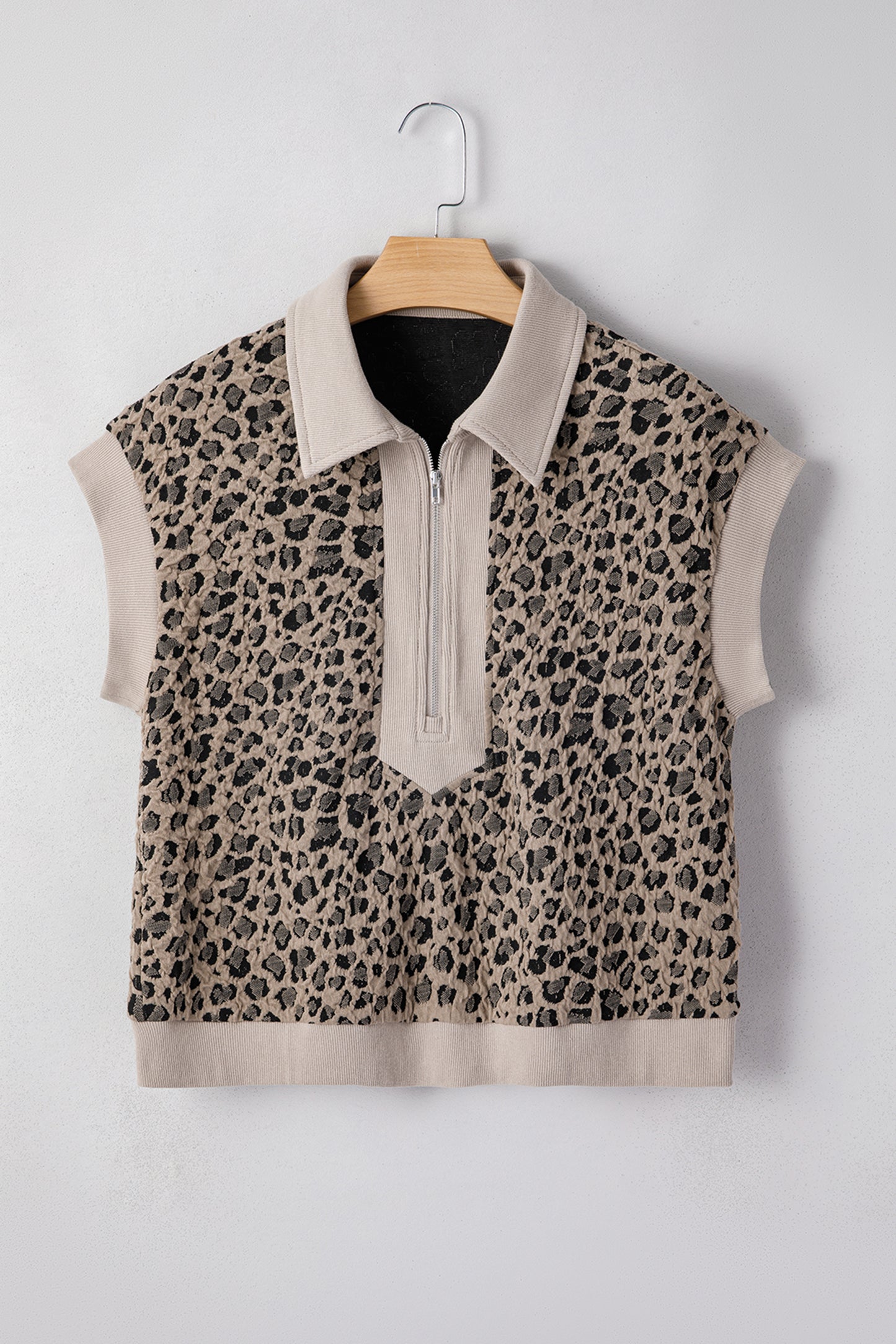 Leopard Textured Zip Polo Top Cap Sleeve Casual Knit