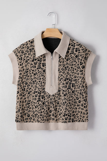 Leopard Textured Zip Polo Top Cap Sleeve Casual Knit