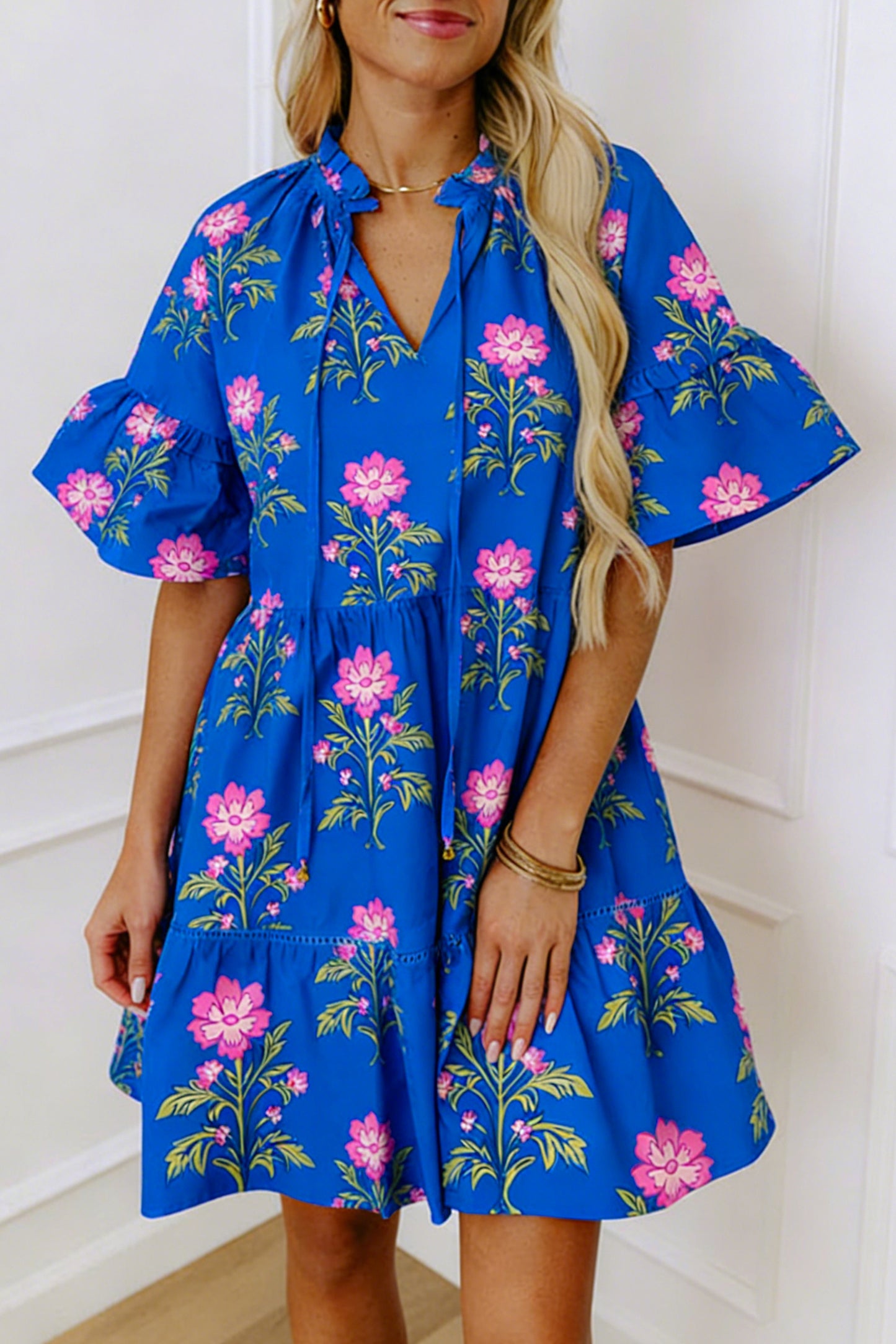 Floral Print V Neck Short Sleeve Tiered Mini Dress