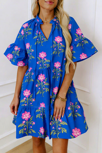Floral Print V Neck Short Sleeve Tiered Mini Dress