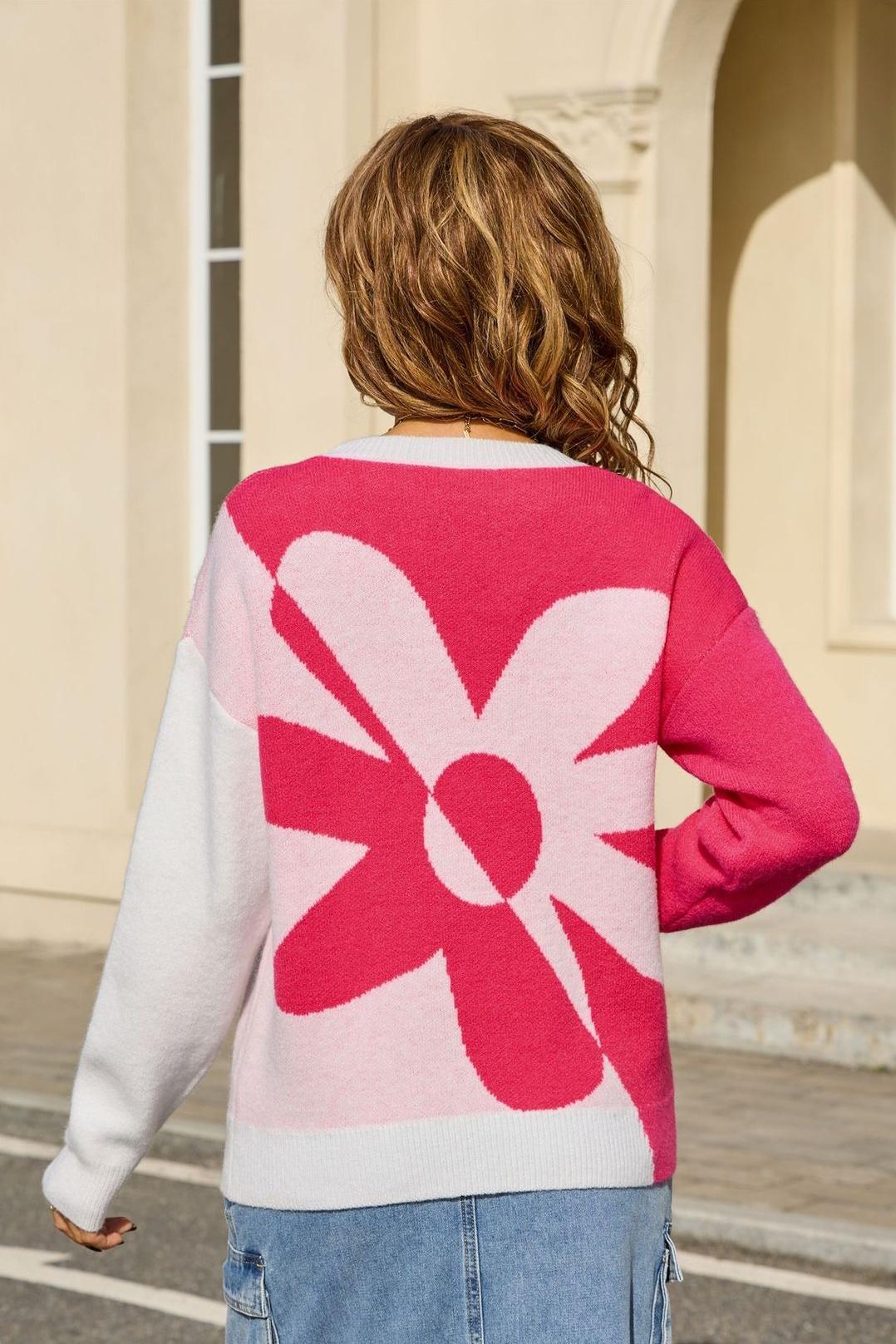 Colorblock Floral Knit Sweater – Pullover Top for Fall Women