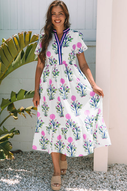 White Floral Contrast Trim V Neck Maxi Dress