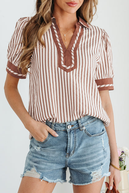 Khaki Striped Split Neck Puff Sleeve Blouse Top