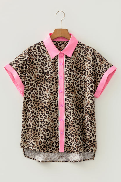 Leopard Print Button Down Shirt Contrast Trim Top