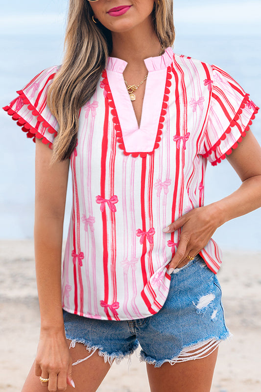Pink Bow Stripe Blouse Ruffle Sleeve Summer Vacation Top