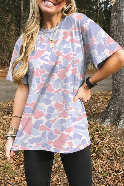 Neutral Camo Print Oversized Casual Crewneck T Shirt
