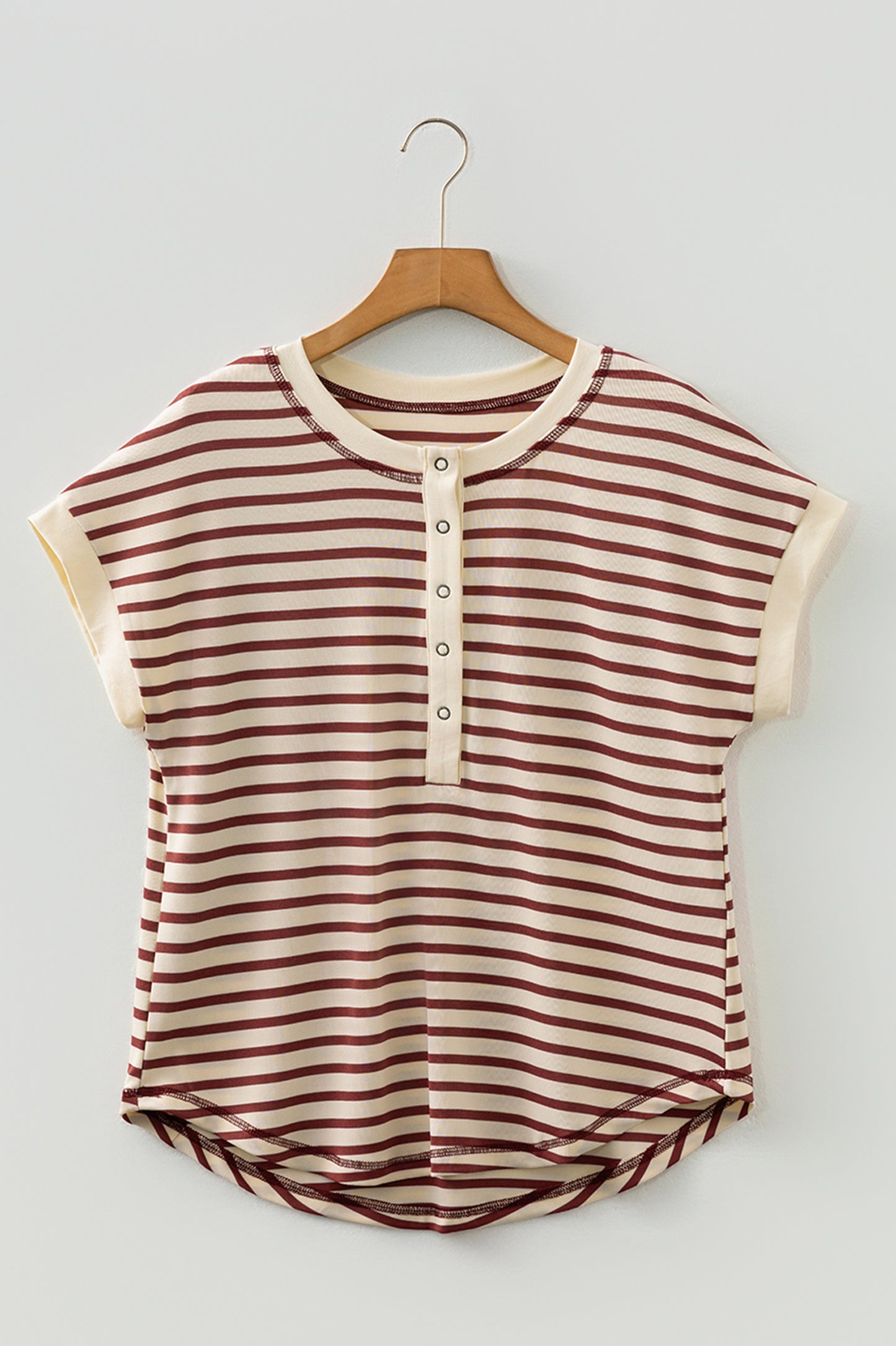 Red Striped Henley Short Sleeve Knit T-Shirt Top