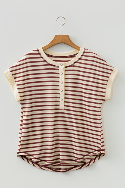 Red Striped Henley Short Sleeve Knit T-Shirt Top
