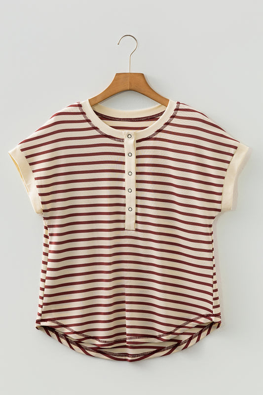 Red Striped Henley Short Sleeve Knit T-Shirt Top