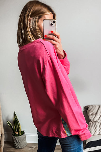 Bright Pink Patchwork Hemline Round Neck Casual Top
