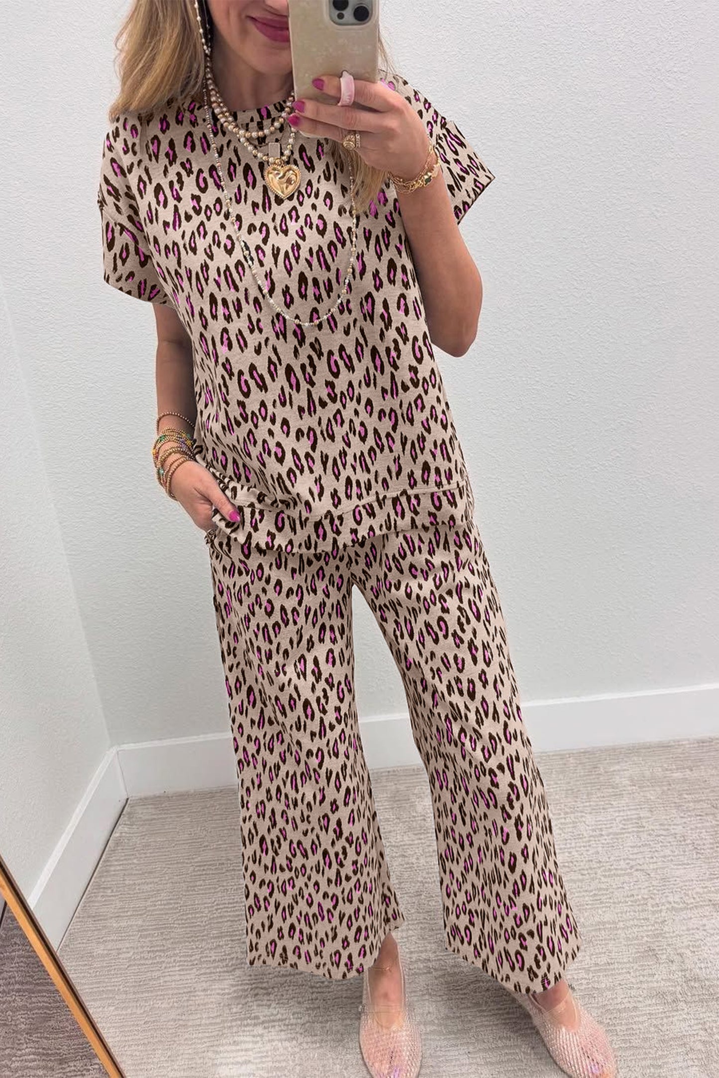 Beige Leopard Print Short Sleeve Top and Wide Leg Pants Set