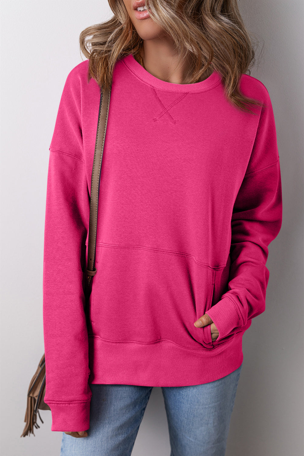 Drop Shoulder Crisscross Stitching Pocketed Loose Sweatshirt