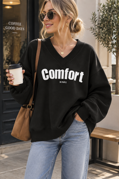 Womens Oversized V Neck Graphic Sweatshirt Bubble Sleeve