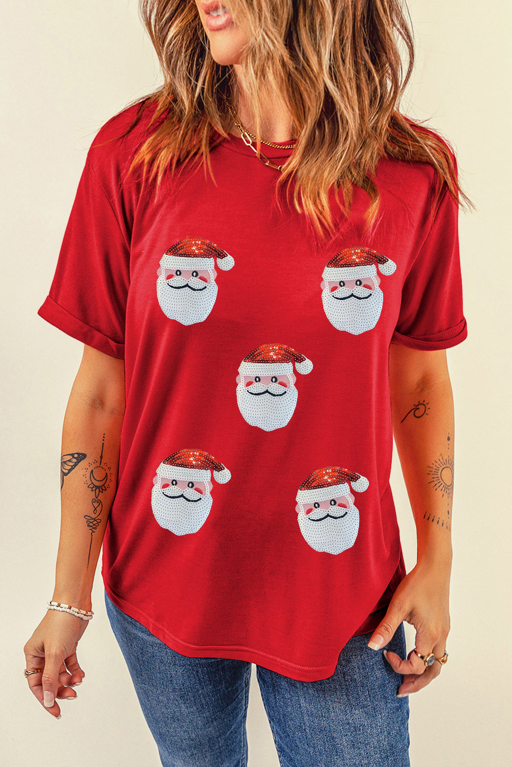 Santa Claus Graphic Christmas Faux Sequin T Shirt