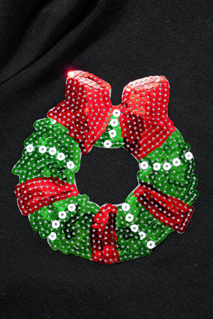 Black Sequin Christmas Holiday Graphic Crewneck T Shirt