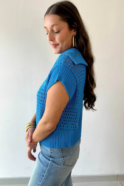 Open Knit Quarter Zip Short Sleeve Sweater Top