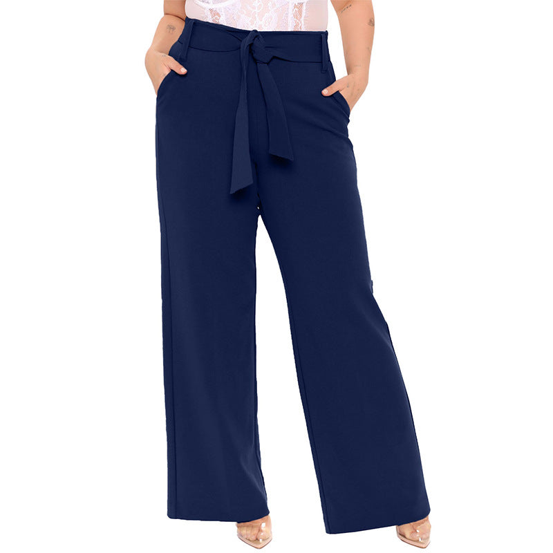 Belted Wide Leg Pants Women's Solid Color Plus Size Loose Casual Leisure Wind Pants