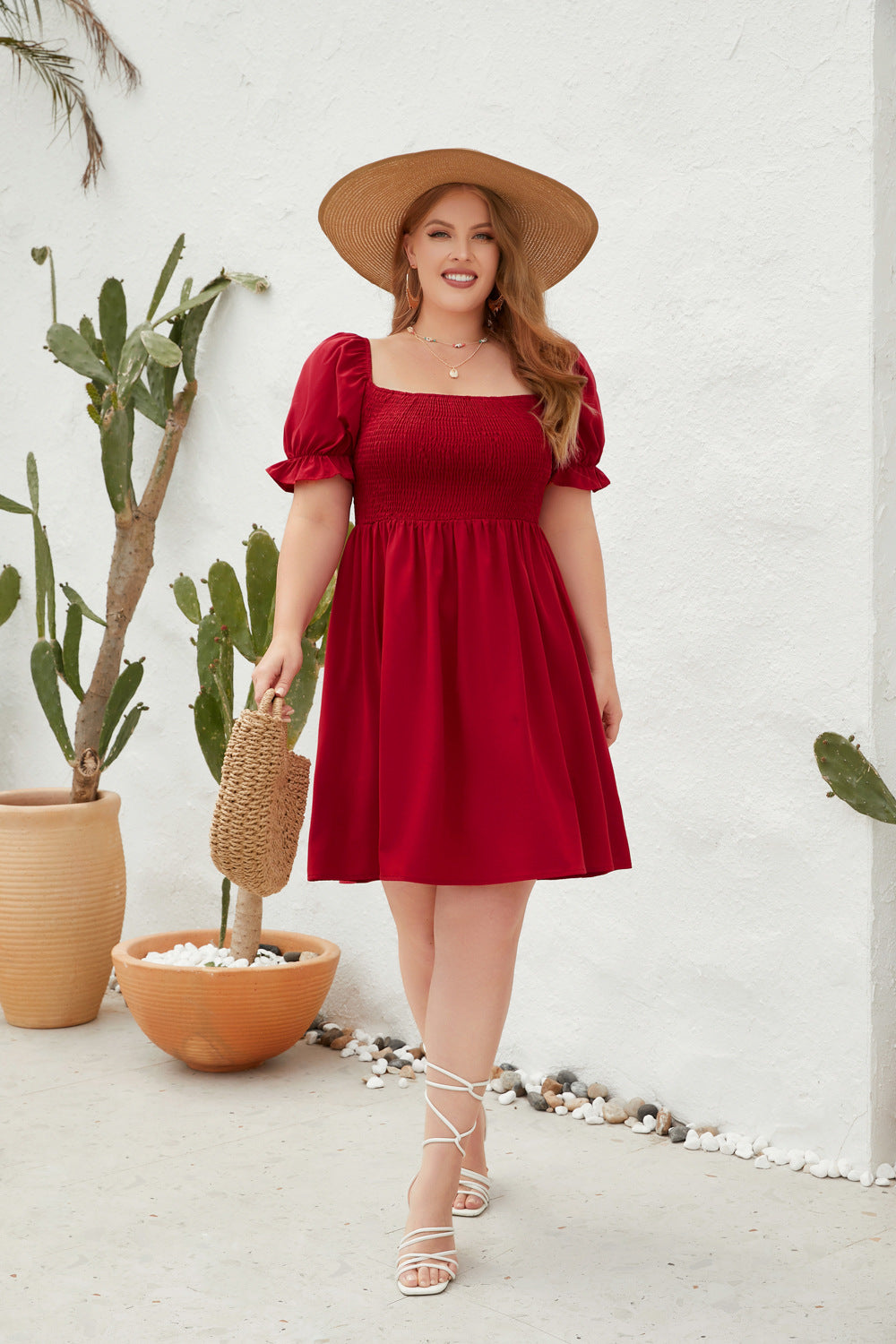 Women's Square Neck Flounce Short Sleeve Shirred Ruffle Hem Dress