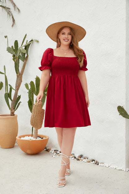 Women's Square Neck Flounce Short Sleeve Shirred Ruffle Hem Dress