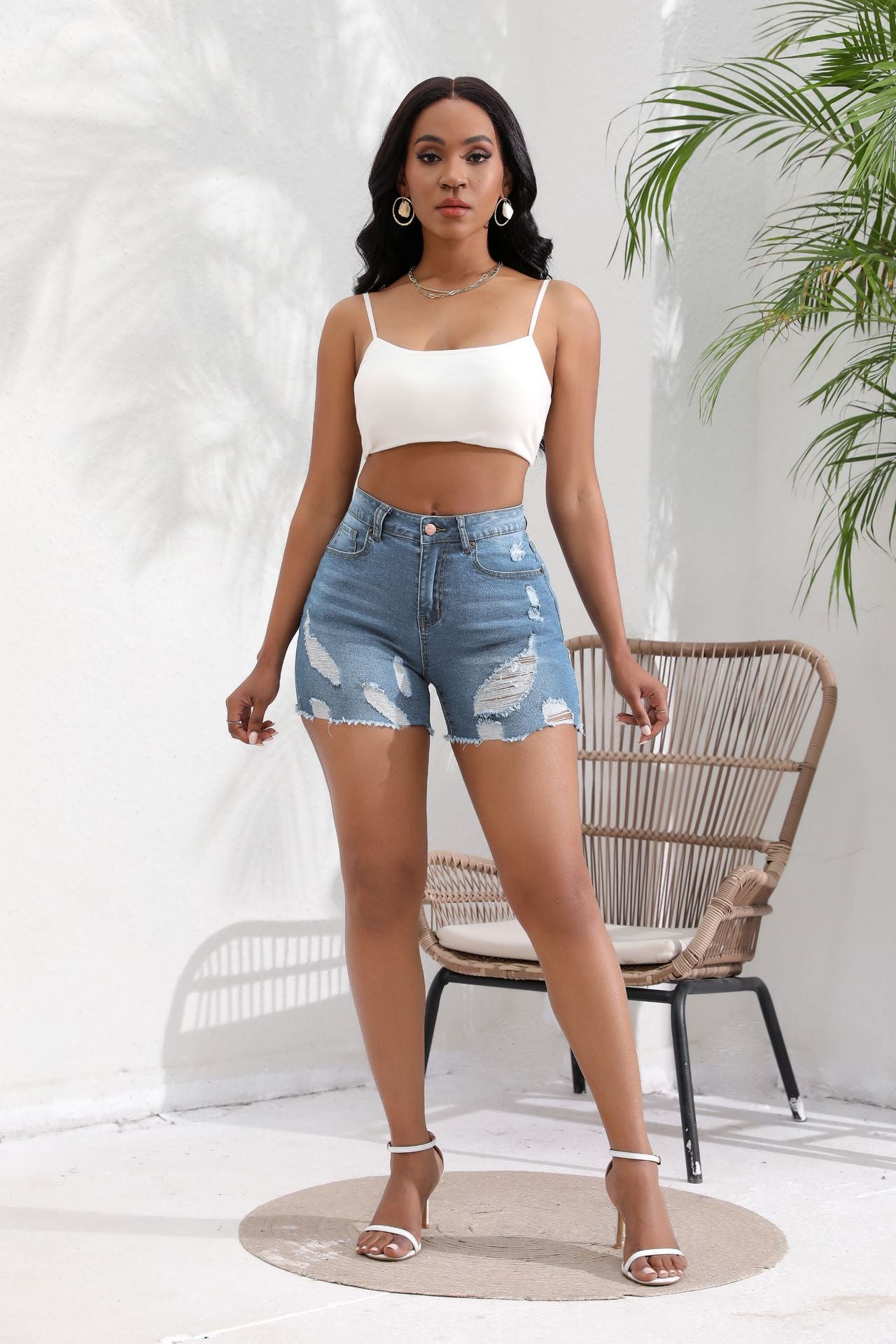 Women High Waisted Skinny Stretchy Denim Shorts Casual Summer Frayed Plus Size Short