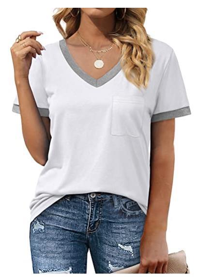 T Shirt Short Sleeve V Neck Loose Casual Top with Pocket Plus Size